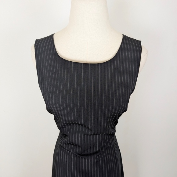 90s Pinstripe Mini Dress Short Thigh Length High Neckline Pleated Fitted Stripes - Picture 3 of 14